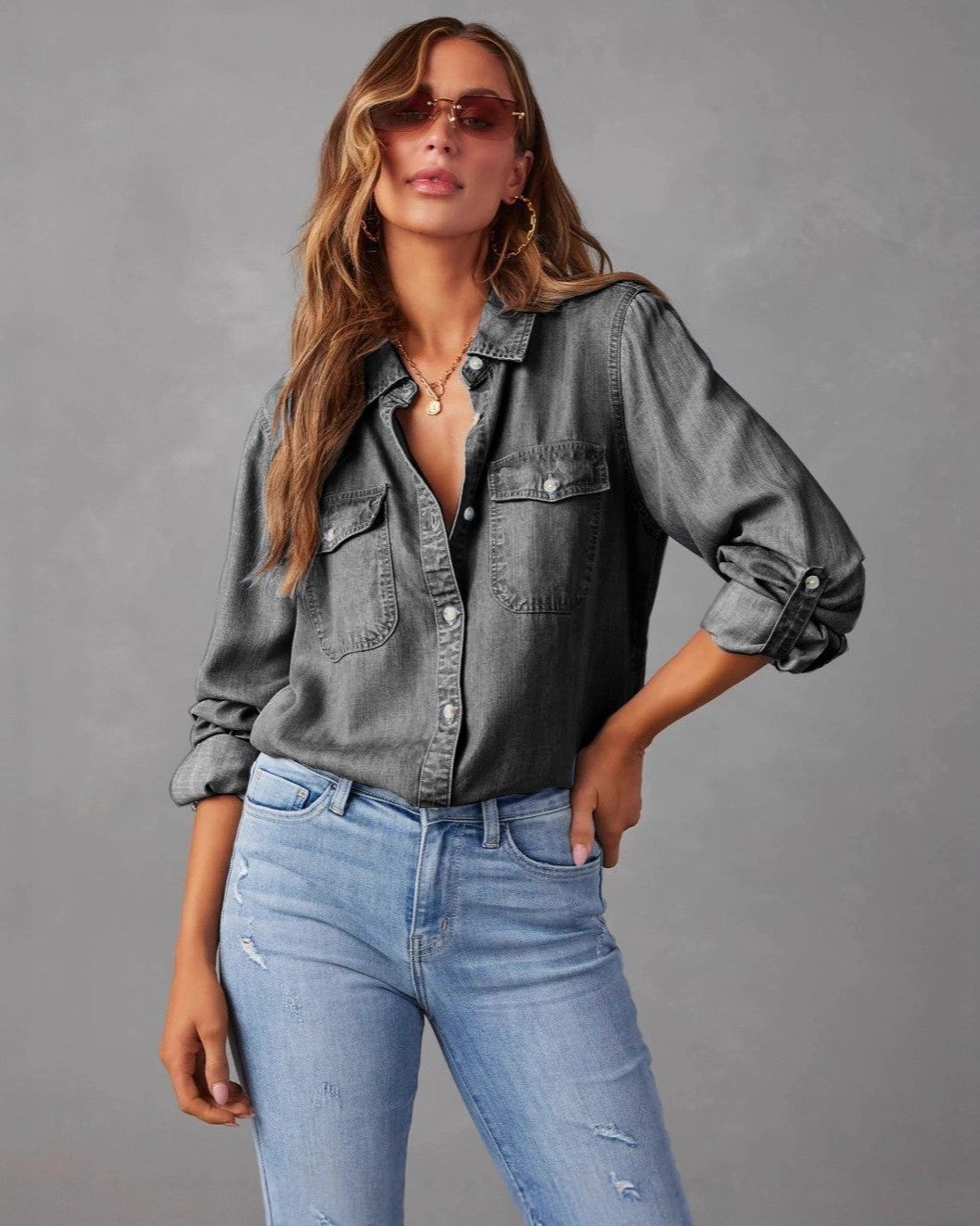 Susan - Chemise en denim rétro avec col à revers pour femmes