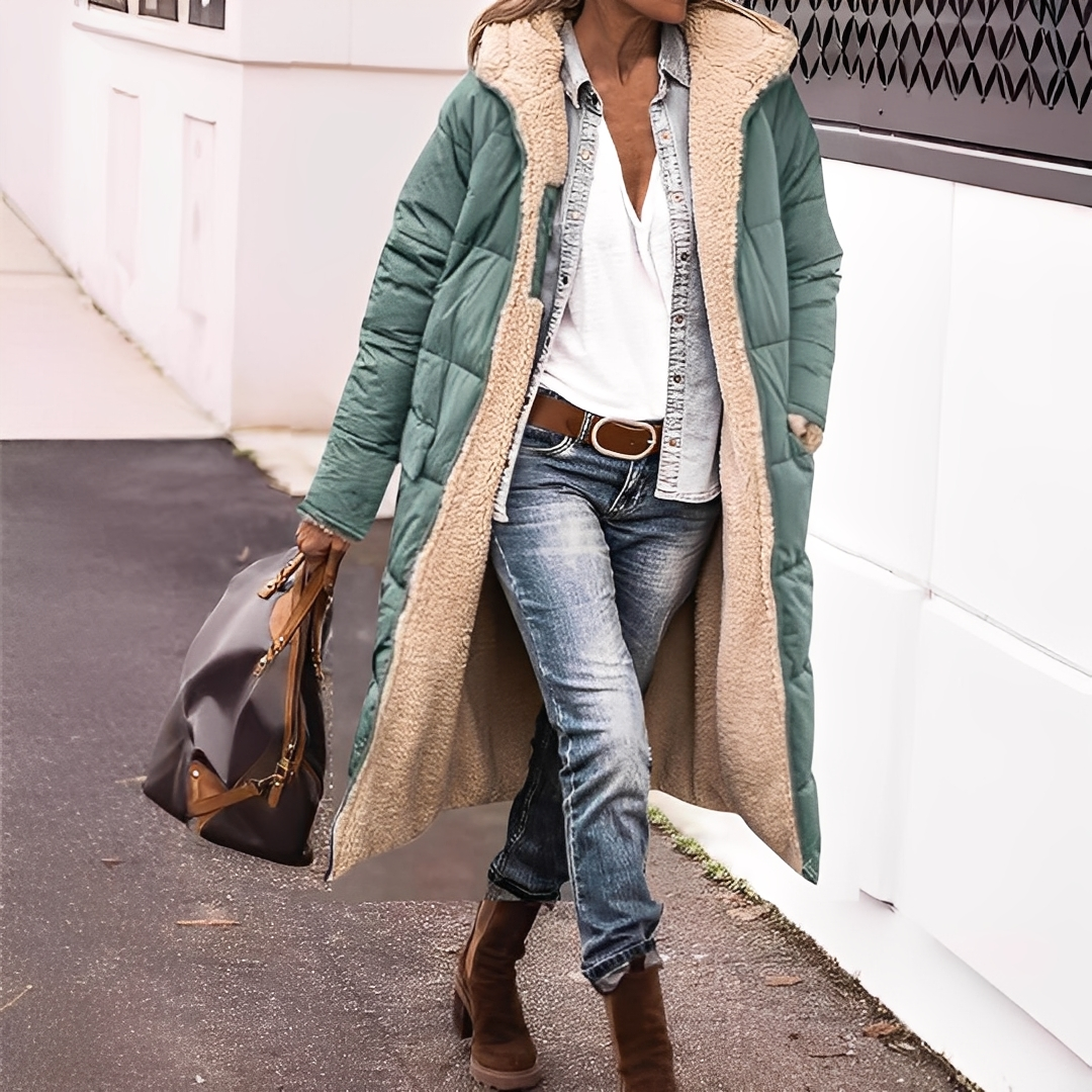 Nadège - Langer gesteppter Wintermantel mit Kapuze für Damen