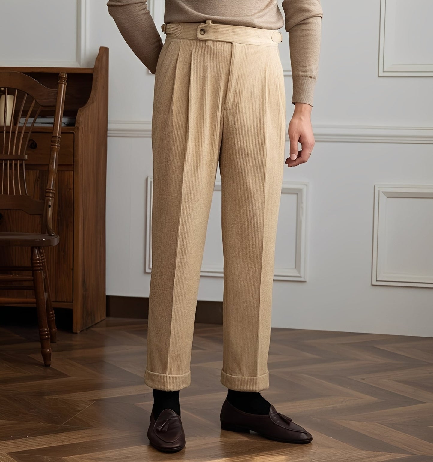 Keaton - Pantalon moderne pour hommes en velours côtelé à taille haute