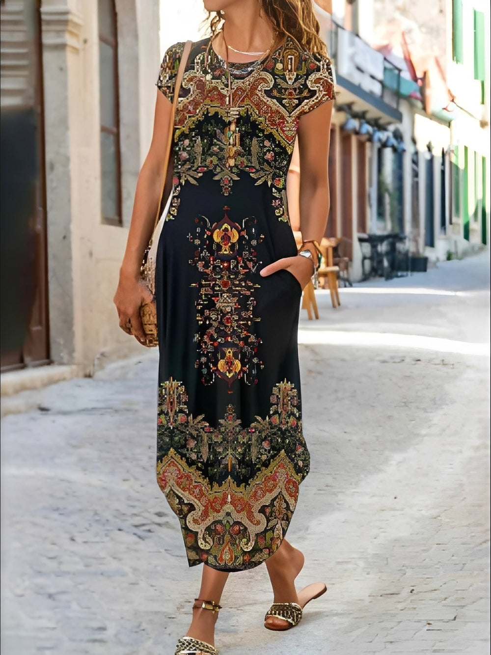 Mabel - Robe maxi à manches courtes avec imprimé pour femmes