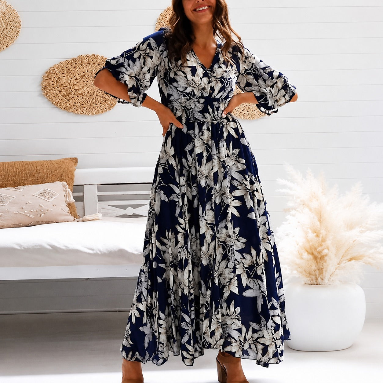 Michaela - Robe Élégante Midi à Imprimés Floraux Amples
