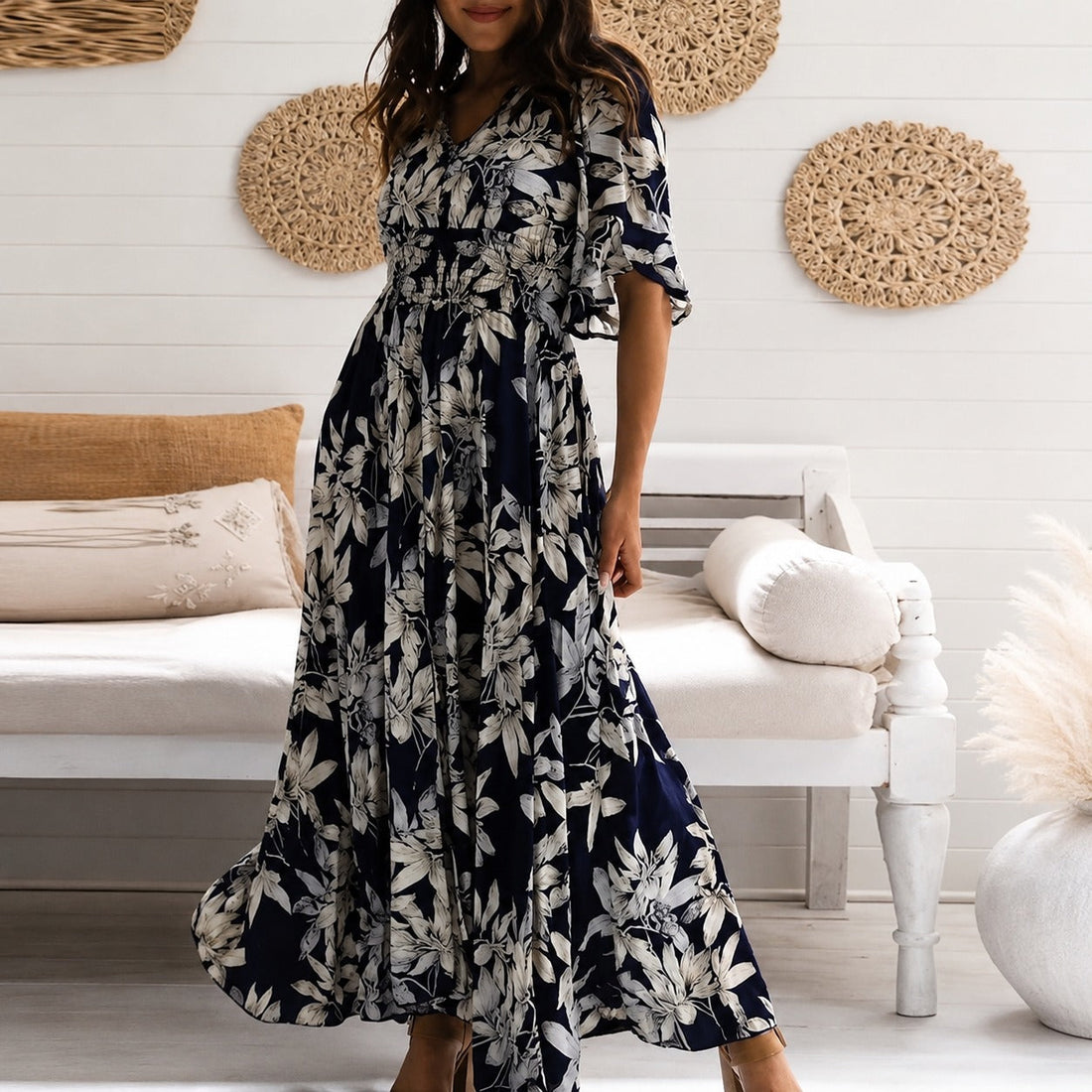 Michaela - Robe Élégante Midi à Imprimés Floraux Amples