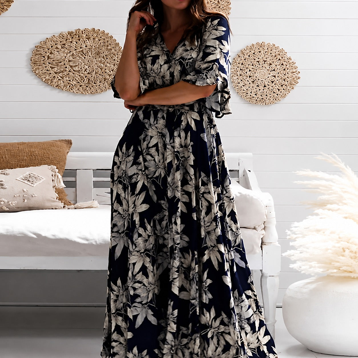 Michaela - Robe Élégante Midi à Imprimés Floraux Amples