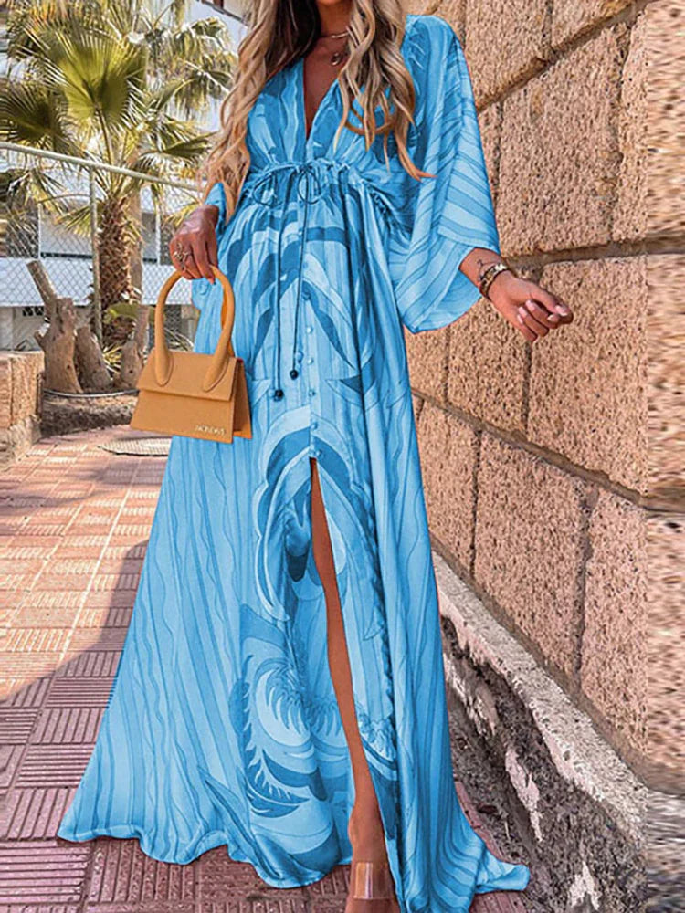 Romina - Long Flowing Dress with Waist Belt