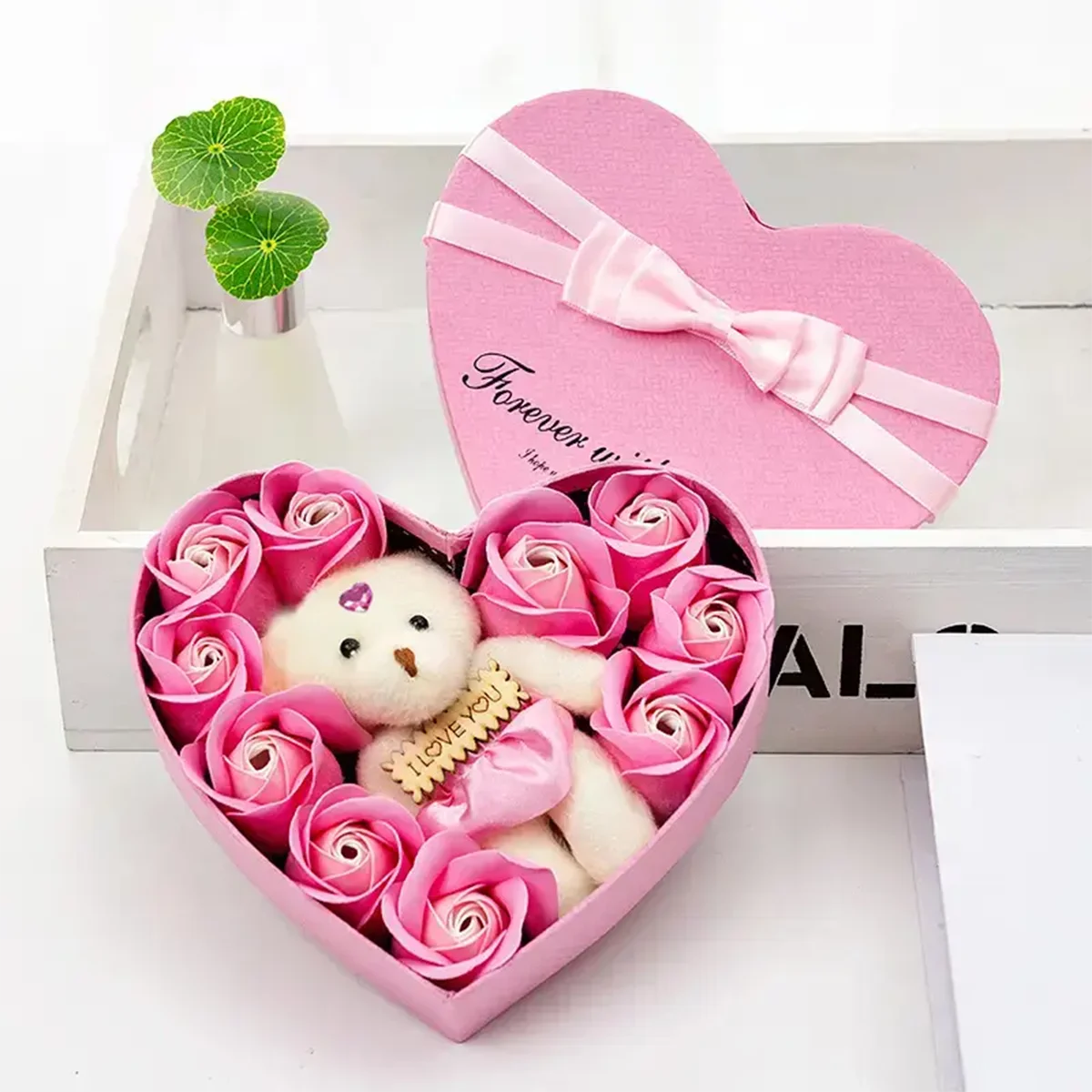 Forme cœur – Ours en rose Boîte cadeau Saint-Valentin
