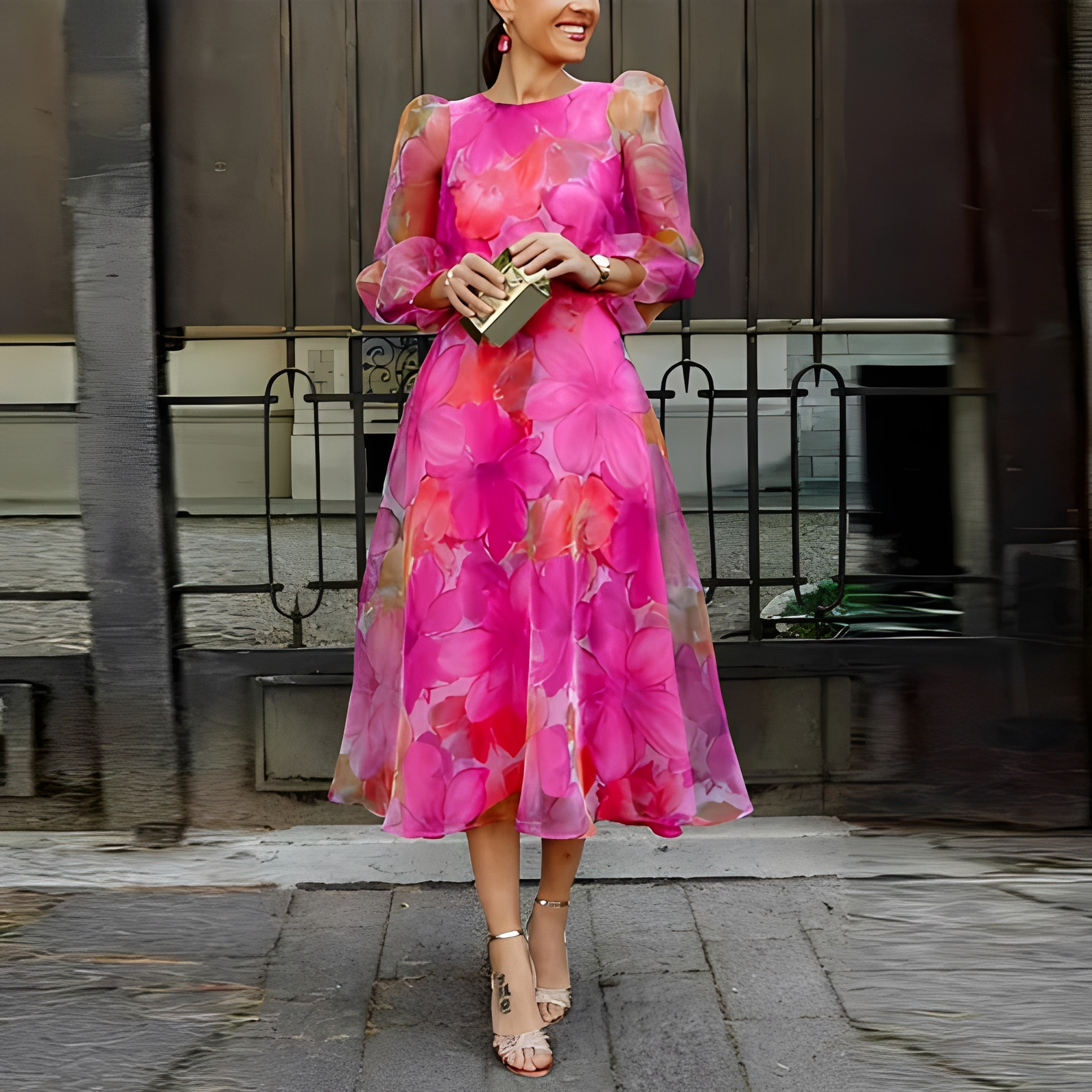 Elvie - Robe à fleurs élégante à manches longues pour femme