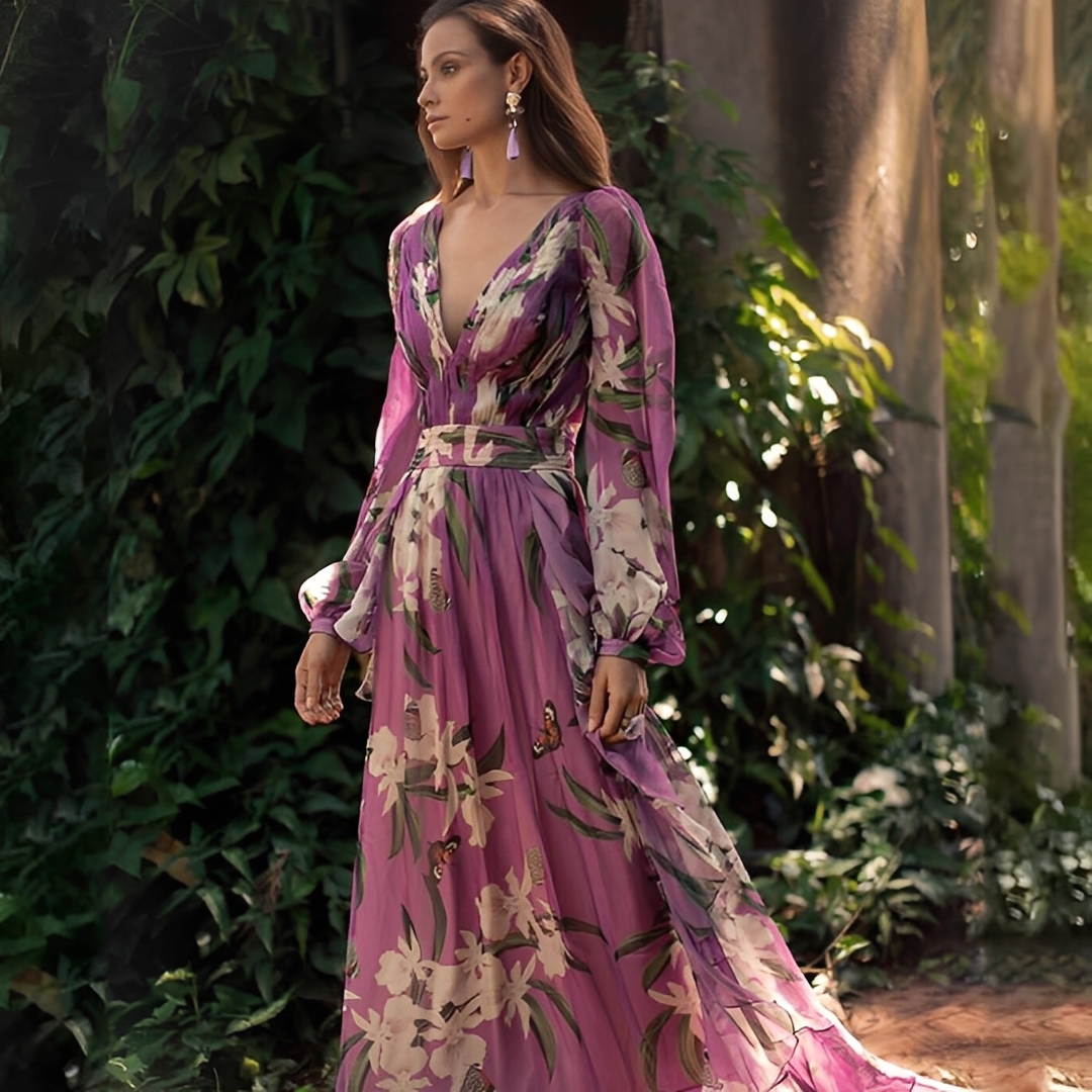 Karine - Robe longue élégante à col en V pour femmes