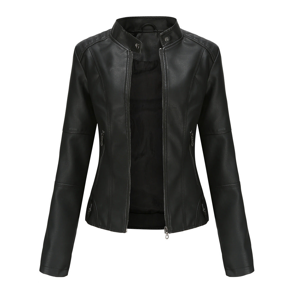 Claudia – Leather motorcycle jacket with high collar
