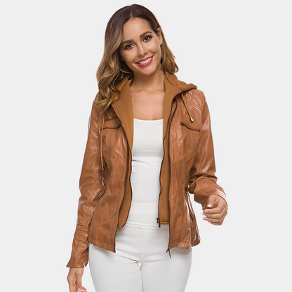 Jaylene - Veste imperméable et chic en cuir avec capuche pour femmes