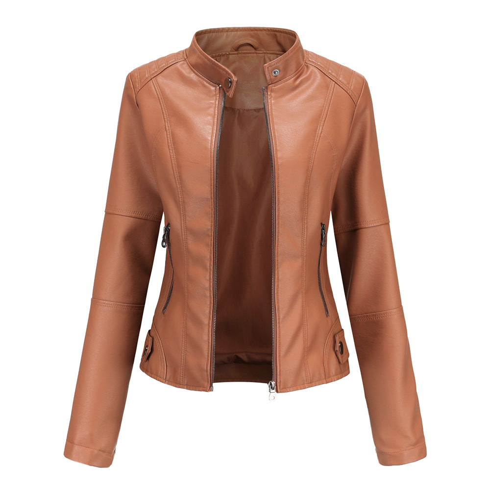 Claudia – Leather motorcycle jacket with high collar