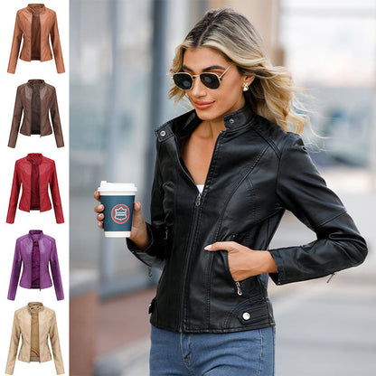 Claudia – Leather motorcycle jacket with high collar
