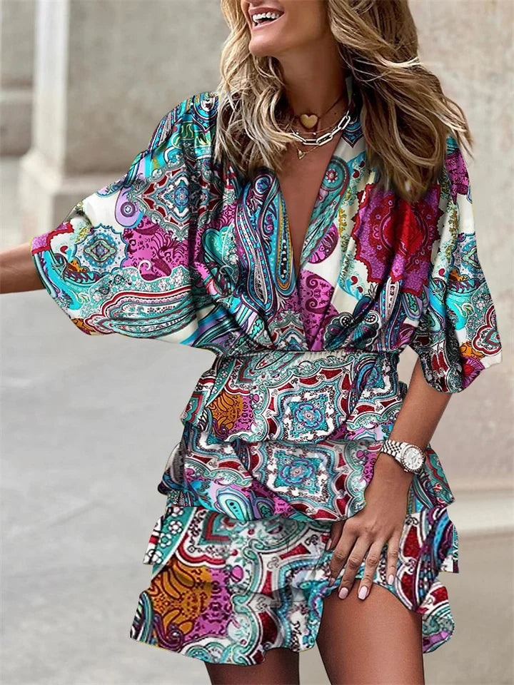 Niana - Élégante robe à décolleté en V avec motif vivant