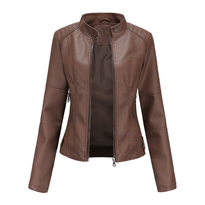 Claudia – Leather motorcycle jacket with high collar