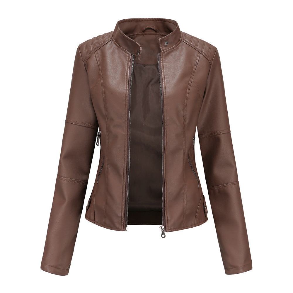 Claudia - Biker leather jacket with high collar