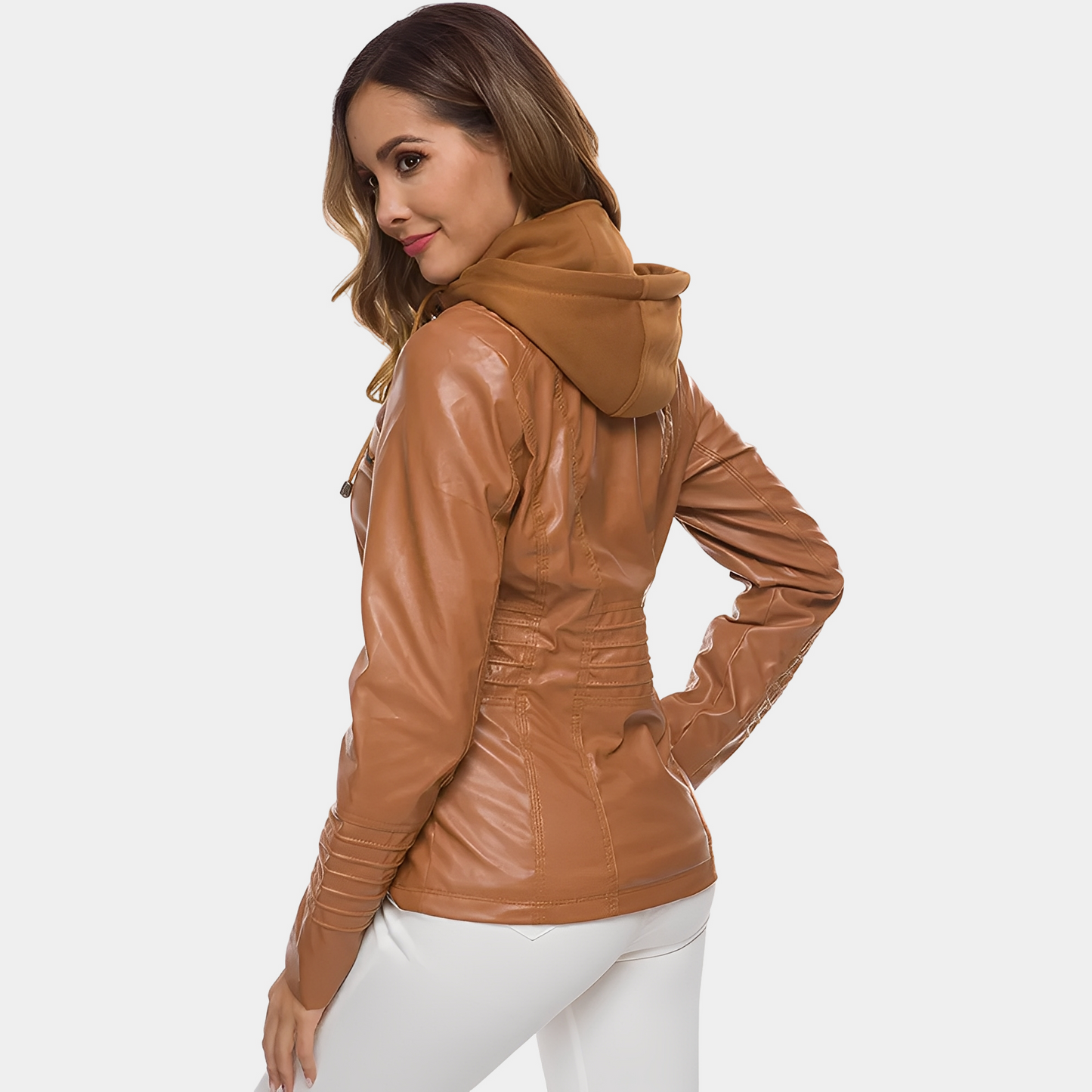 Jaylene - Veste imperméable et chic en cuir avec capuche pour femmes