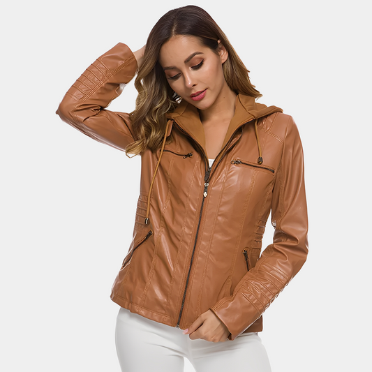 Jaylene - Veste imperméable et chic en cuir avec capuche pour femmes