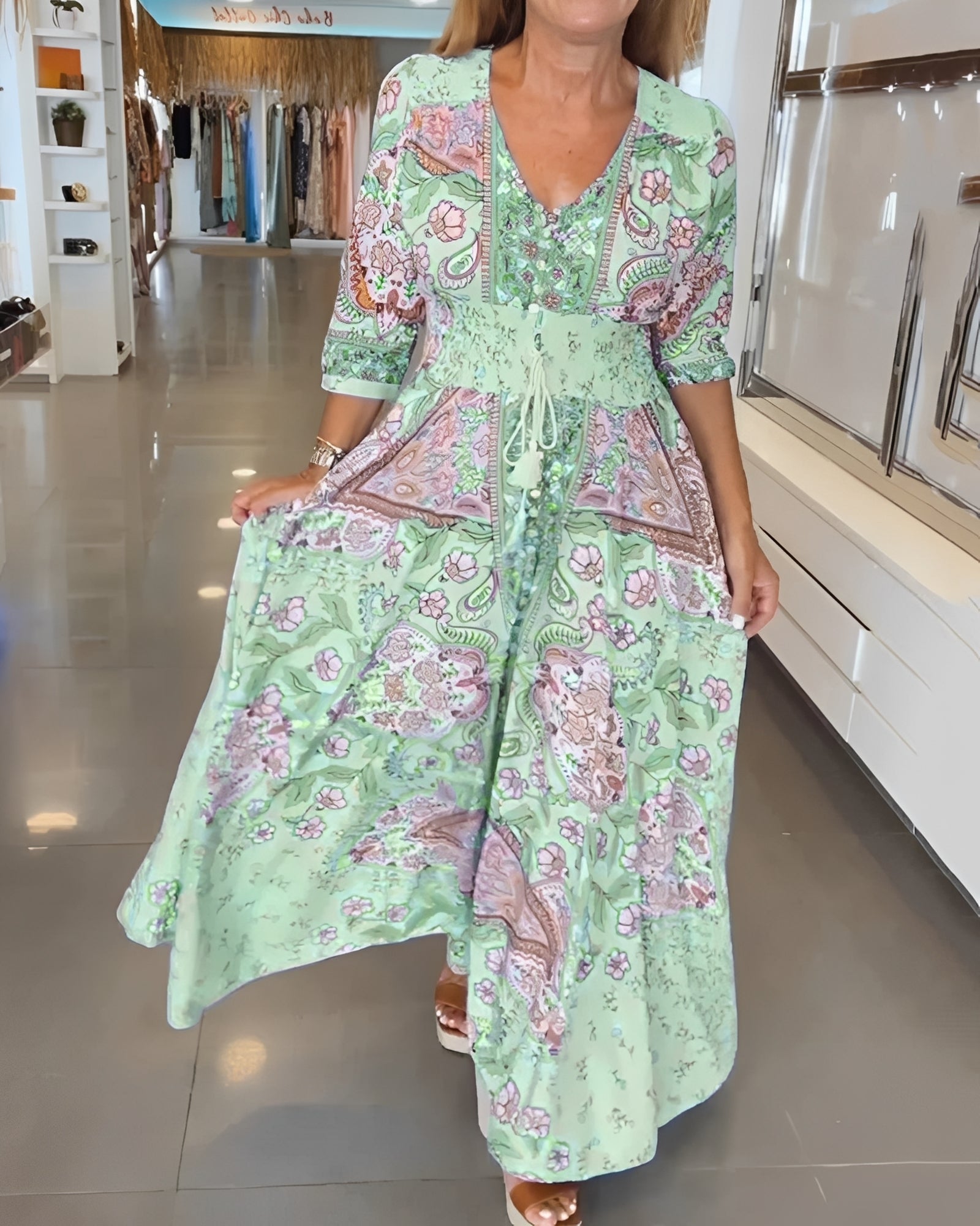 Jasmin - Robe élégante à col en V avec imprimé pour femmes