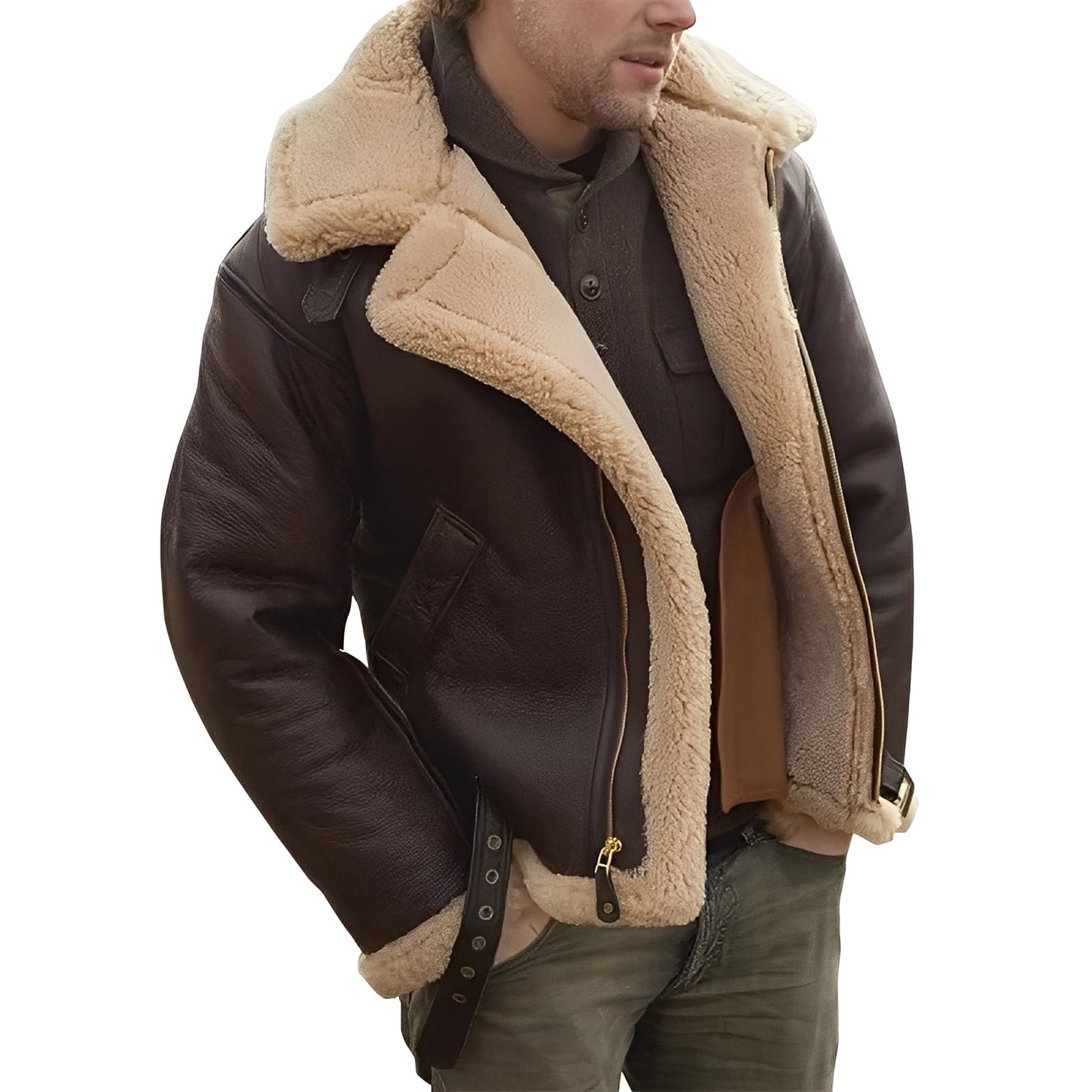Jeffrey - Blouson moderne en cuir avec doublure en sherpa chaude pour hommes