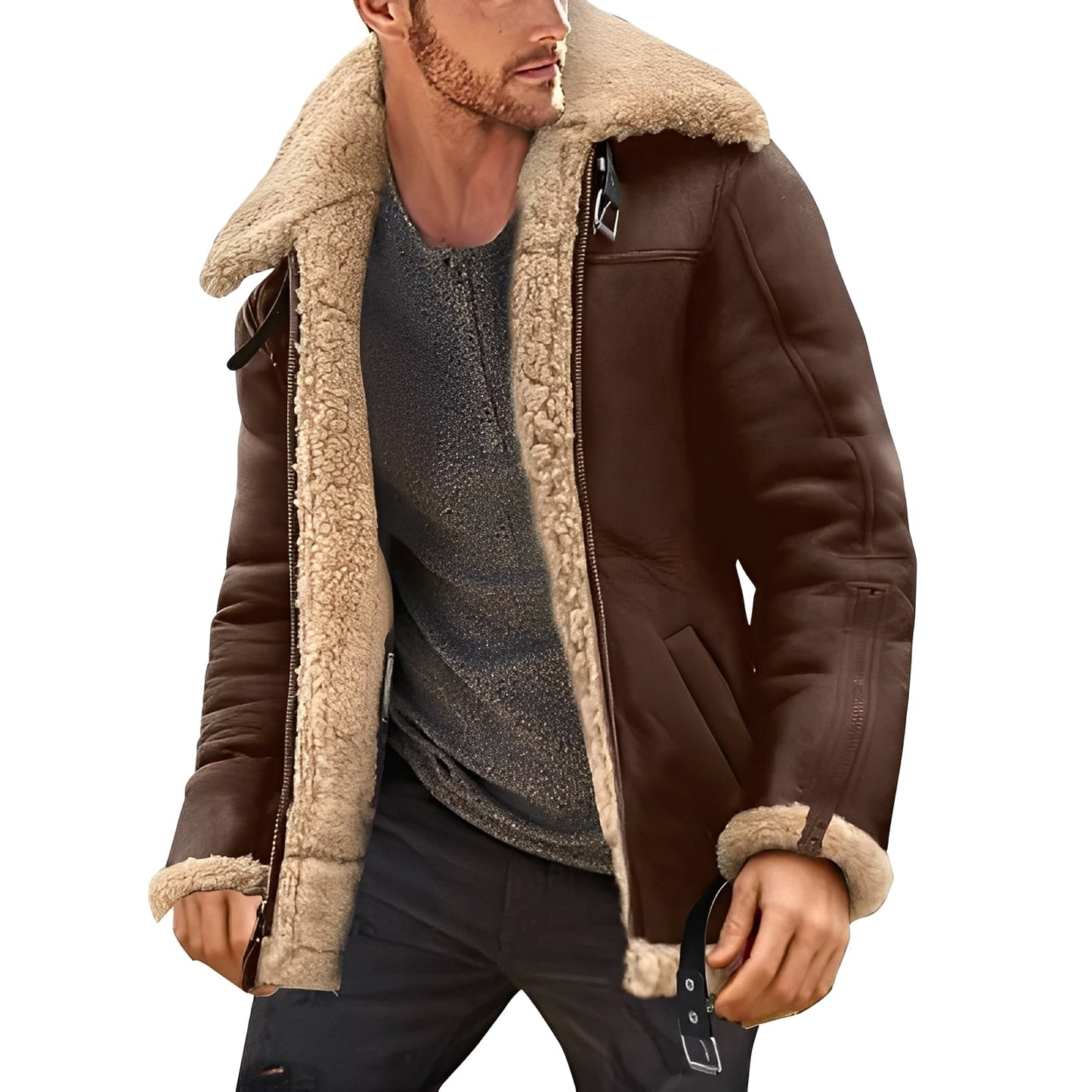 Jeffrey - Blouson moderne en cuir avec doublure en sherpa chaude pour hommes