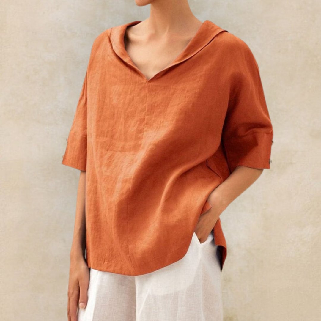 Lena - Linen blouse for women with V-neck collar