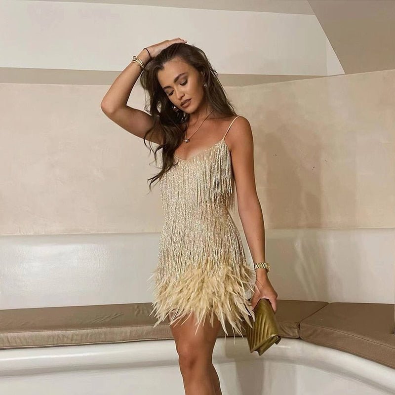 Mara - Une robe de cocktail élégante avec des ornements en plumes