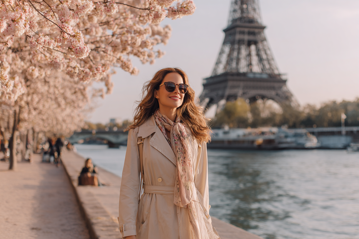 Femme élégante marchant le long de la Seine à Paris